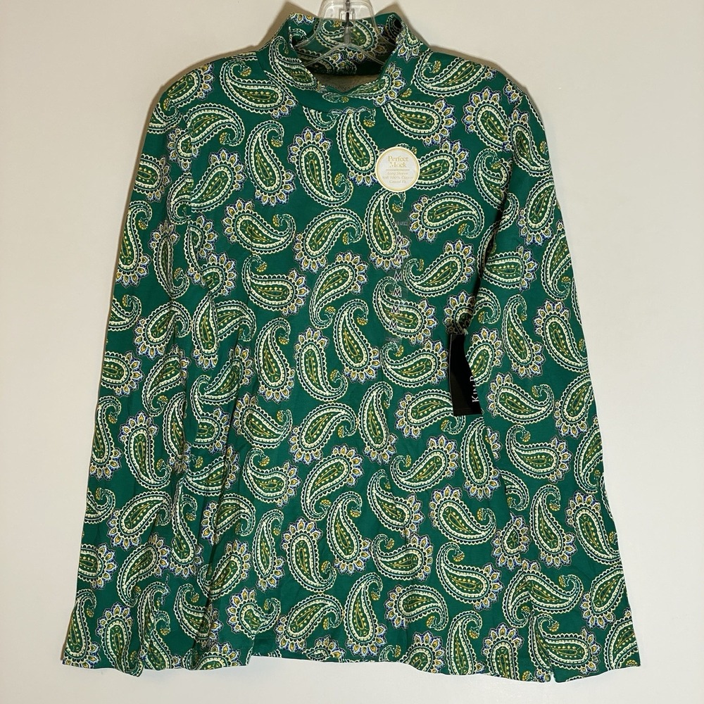 Kim Rogers Top Womens Medium Green Pasiley Perfect‎ Mock Neck Colorful Boho M